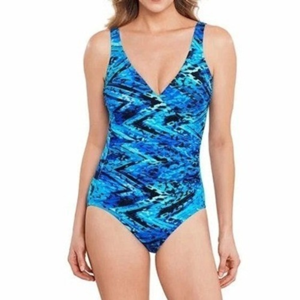 Blue Pattern V-Neck One-Piece Swimsuit